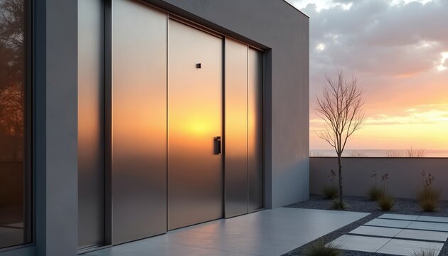 Modern home entrance with metallic door reflects sunset colors. Minimalist garden path leads to ocean view. Bare tree stands against evening sky.