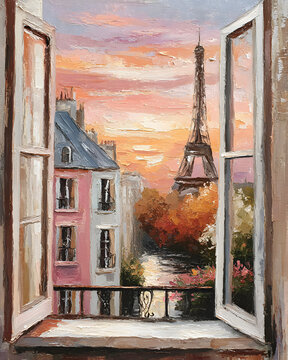 Vertical Textured palette knife oil painting of a romantic Parisian view from an open window of the Eiffel Tower at sunset, an evocative travel story background or nostalgic book cover.