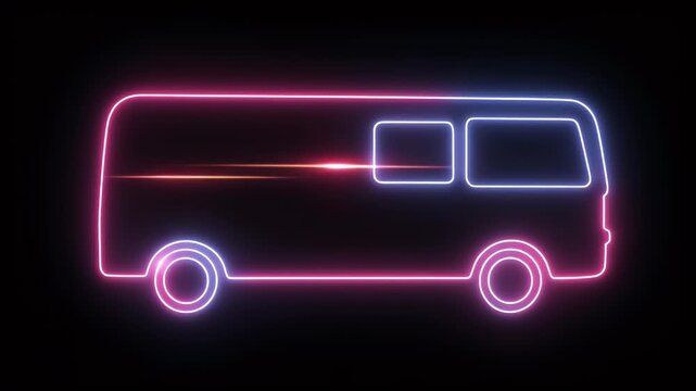 Neon glowing outline of a retro-style delivery van or minibus against a dark background, with vibrant pink, blue, and red light effects.