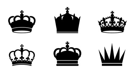 Royal crown silhouette collection, set of 6 black imperial headwear icons, majestic monarch tiara and king coronet vectors for heraldic branding © Sadia