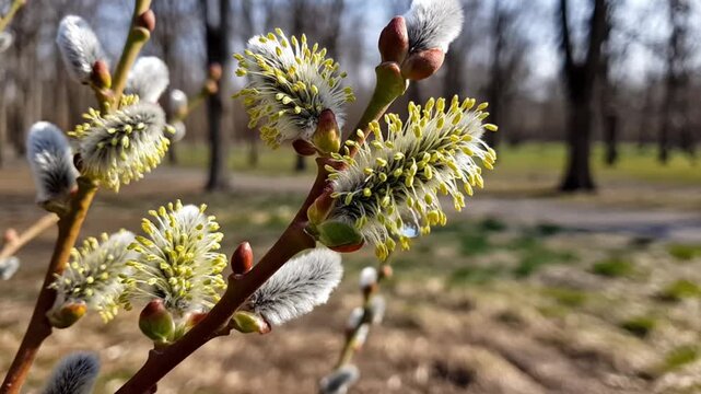Close-up of a branch with fluffy pussy willow catkins in spring with sunlit bokeh background