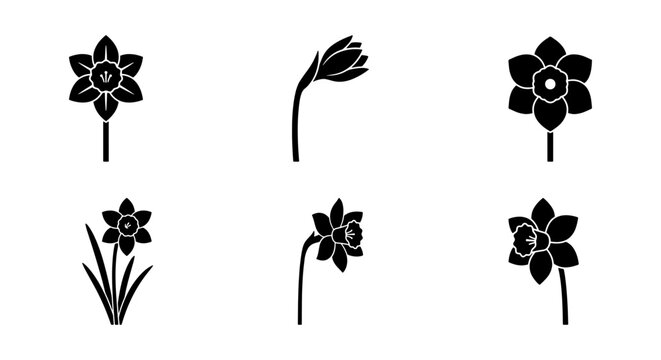Daffodil flower black silhouette icons, set of 6 narcissus floral vector elements, spring botanical garden plant symbols for logo design