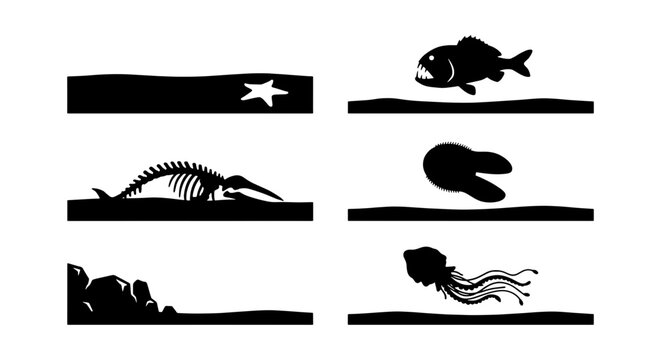 Black sea life silhouette icons, marine animal vector set with whale skeleton and jellyfish, underwater creature graphics for ocean conservation