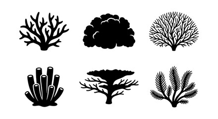Black coral reef silhouettes set, 6 underwater sea plant icons, minimalist ocean life vector illustrations, marine biology nature elements © Sohana