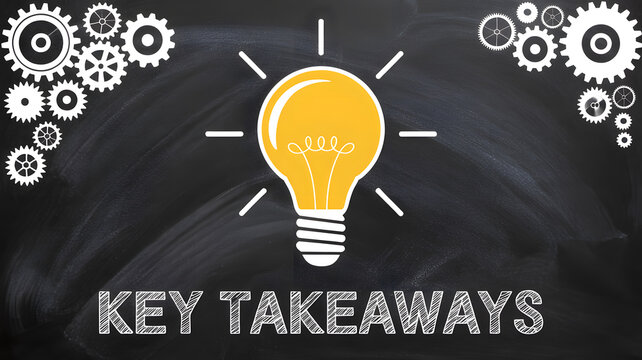 A lightbulb with gears on a blackboard with the words KEY TAKEAWAYS on transparent background