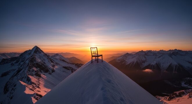 A singular wooden chair atop a snow-covered mountain peak against a stunning sunrise
