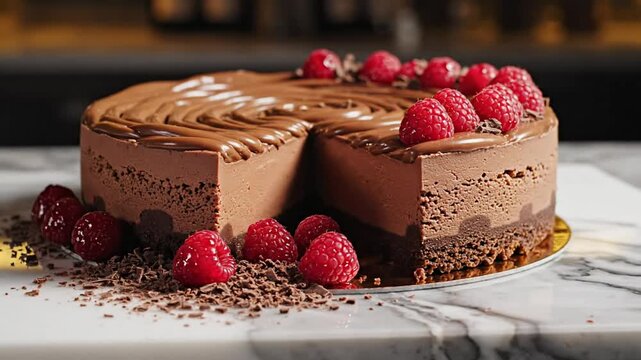 Delicious chocolate raspberry cake with a slice removed, garnished with fresh berries and chocolate shavings