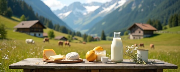 Naklejka premium Farm fresh organic dairy products sit on a rustic wooden table. Cows graze in a green meadow with mountains and houses in background. Natural food.