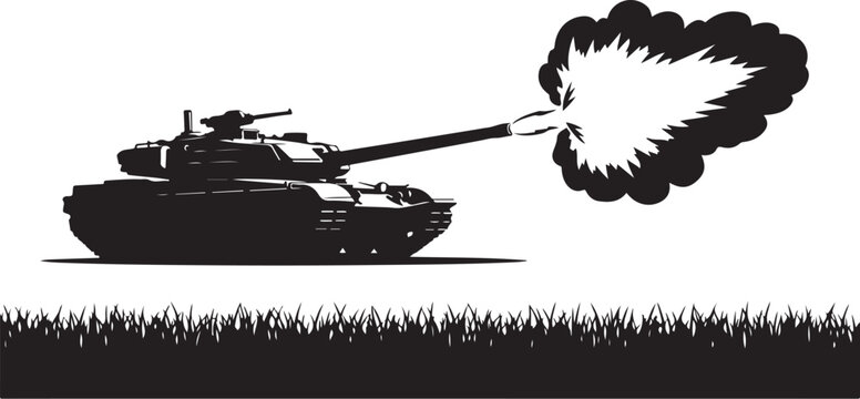 Military tank silhouette, combat vehicle icon, black war machine, firing cannon explosion