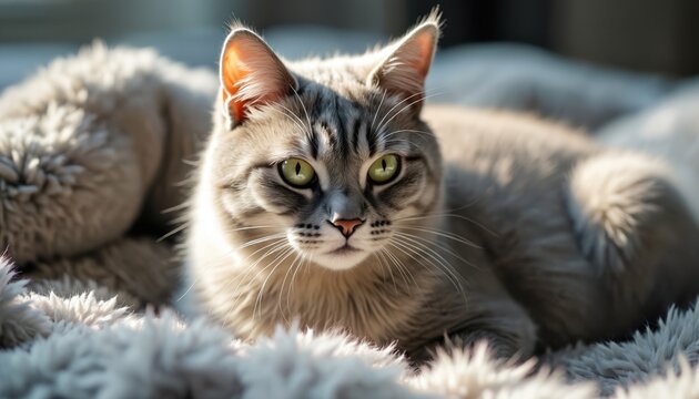 A silver Burmilla cat relaxes on a soft, fluffy blanket indoors. Its green eyes look forward with a calm expression. Sunlight gently illuminates the feline fur.