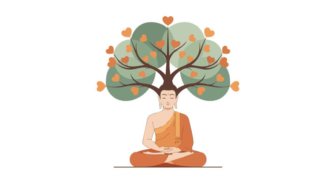 Flat 2D Illustration of Buddha Meditating Under a Tree with Heart-Shaped Leaves