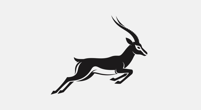 Black jumping antelope silhouette vector logo on white background