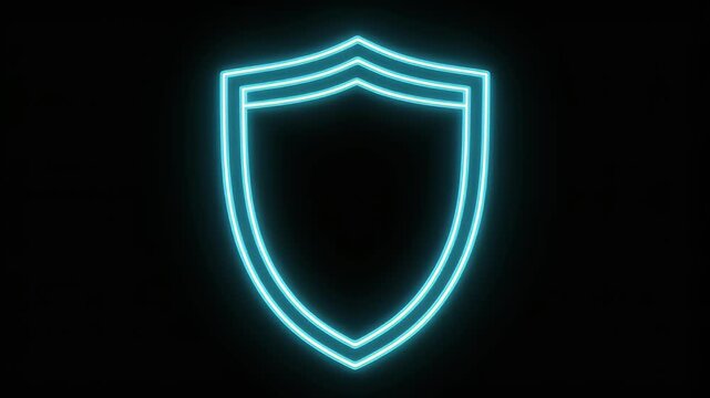 Neon blue glowing shield outline on a dark black background, symbolizing protection and security.