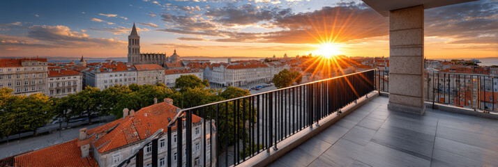 Obraz premium Panoramic rooftop terrace offering an expansive European cityscape view at sunset, warm sunlight illuminating historic architecture and an ornate railing