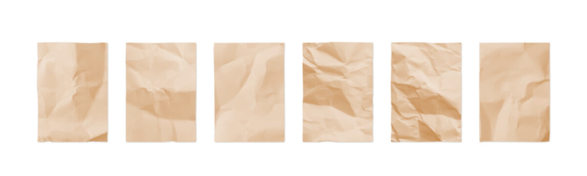Old paper. Brown craft texture. Piece of parchment for vintage note. Letter or crumpled post card. Wrinkled notepaper. Blank document. Cardboard shape. Folded pages set. Vector background