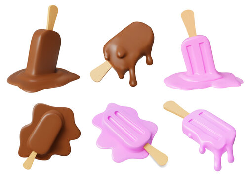 Ice cream melt. Top view of popsicle drip, icecream spill or stick. Summer chocolate food art. 3D glossy render of chocolate and berry dessert various dripping stages. Vector cartoon set