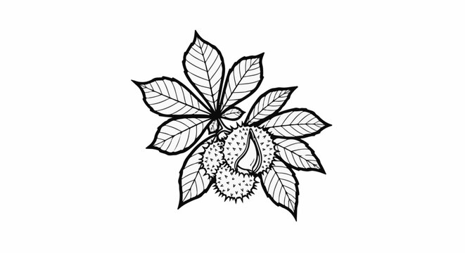 A black and white line drawing of a horse chestnut with leaves