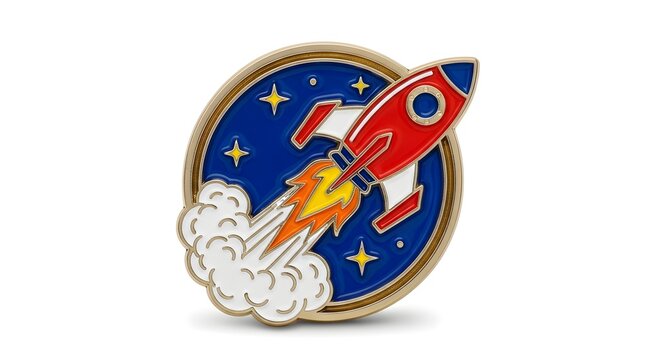 Emblematic Pin of Space Exploration: A Retro-Style Rocket Launch with Celestial Elements and Detailed Craftsmanship