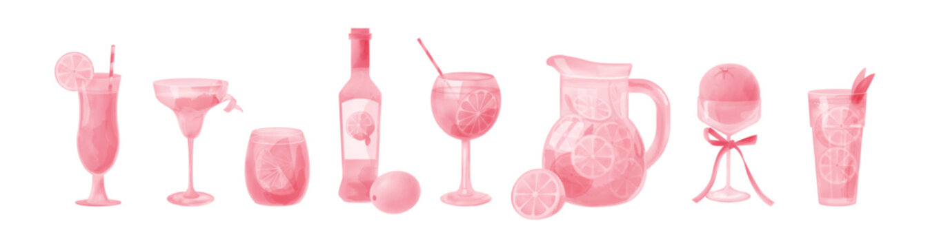 Watercolor aperol. Italian cocktail drink. Hand drawn beverage glass. Lemonade jug with citrus slices. Lemon liqueur bottle. Summer party or bachelorette invitation. Wineglasses vector set