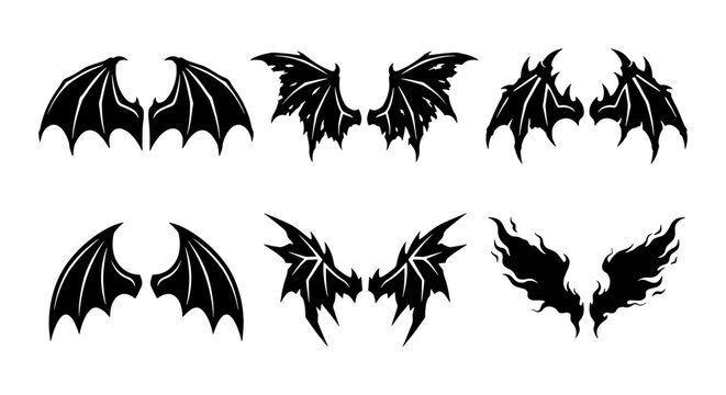 Gothic bat wings collection, 6 black demon wing silhouettes, dark fantasy dragon wings vector set for Halloween and tattoo design