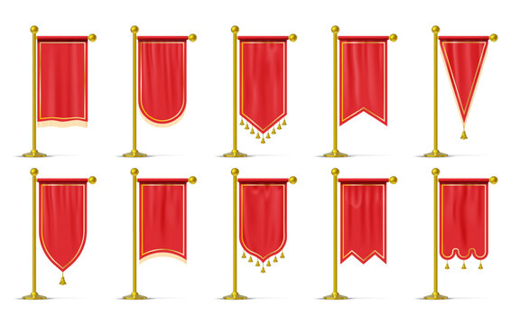 Red flag set. Gold pole for royal ceremonial banner, vertical golden pennant stand or heraldic award. Textile tassel on pillar. Advertising hanging textile. Vector realistic mockups