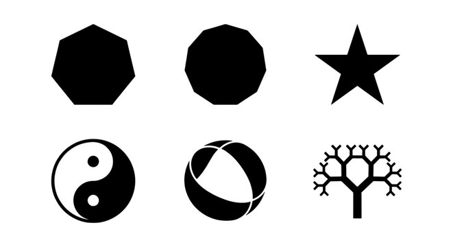 Minimalist black geometric icons set, collection of 6 vector symbols including heptagon star and yin yang, abstract tree and sphere graphic elements