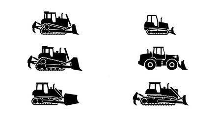 Heavy construction machinery silhouettes, set of 6 bulldozer and earthmover icons, industrial crawler tractor and loader vector illustrations © Rafia