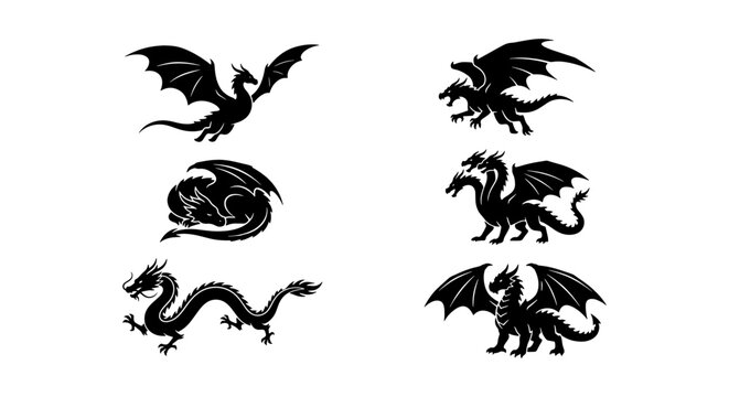 Mythical dragon silhouette collection, 6 black fantasy creature icons, medieval winged monster vector set, legendary beast graphic elements