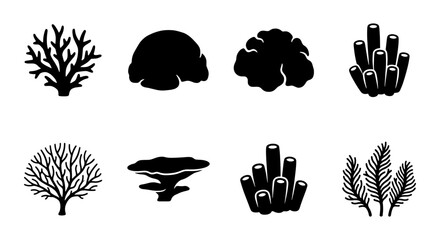 Black coral reef silhouettes, 8 underwater sea plant icons, minimalist aquatic vegetation vector set for marine conservation and ocean biology design © Rafia