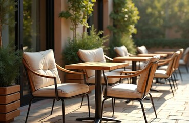 Fototapeta premium Outdoor cafe seating with wood tables and cushioned steel chairs. Sunny patio provides comfortable dining space. Green plants adds natural ambiance for relaxed outdoor meals.