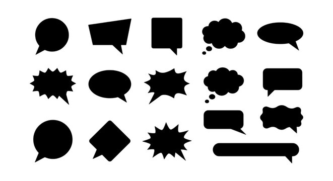 Black speech bubble silhouettes, set of 14 comic chat icons, blank message cloud vector elements, communication dialogue shapes for graphic design