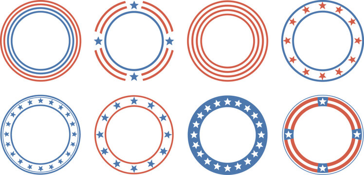 Patriotic American Flag Circle Frame Vector Set, USA Independence Day Border Designs with Stars and Stripes for Fourth of July Celebration, Holiday, and Festive Graphics