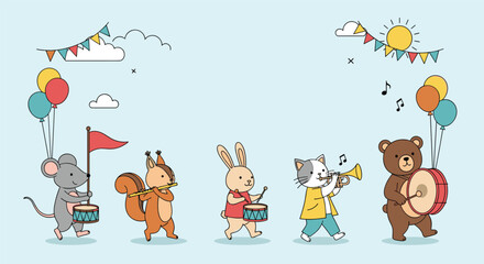 Fototapeta premium Cute animal band featuring mouse squirrel rabbit cat and bear playing musical instruments in a parade under the sun.