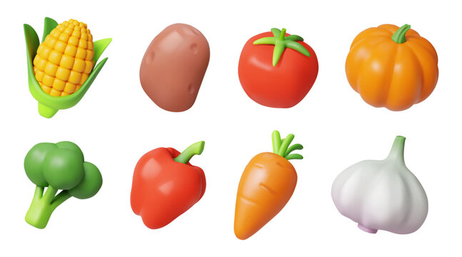 3d vegetables. Fruit food icon, healthy tomato and corn ingredient of farm agriculture. Diet plant cooking on kitchen. Cute carrot, pumpkin and farm broccoli. Vector cartoon glossy vegan set
