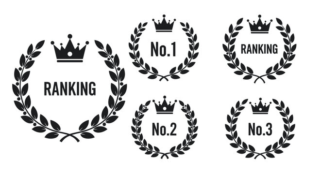Professional ranking award icons featuring laurel wreaths and crowns for first second and third place honors in black and white.