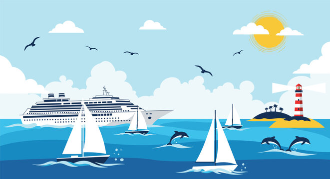 Scenic ocean landscape featuring a large cruise ship sailing boats leaping dolphins and a lighthouse on a small island under the sun.