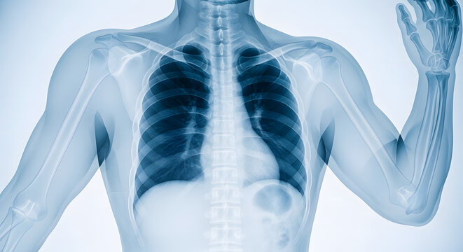Human Anatomy X-Ray Showing Skeleton and Internal Organs