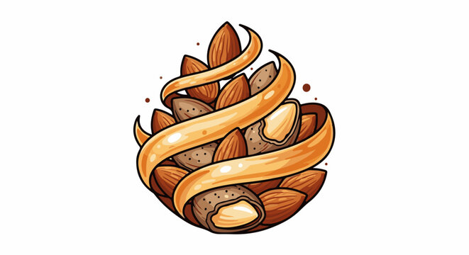 A pile of shelled and unshelled almonds wrapped in a golden ribbon