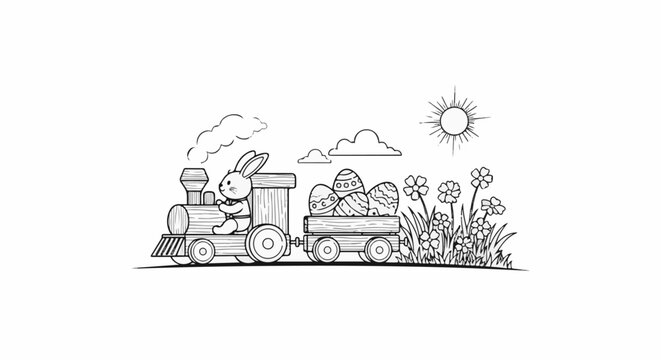Bunny drives train carrying Easter eggs through a sunny meadow of flowers