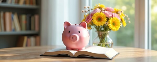 Naklejka premium Pink piggy bank sits on open book near vibrant flowers in vase. Cozy room with books and window light creates calm, cheerful financial planning atmosphere. Save money for future.