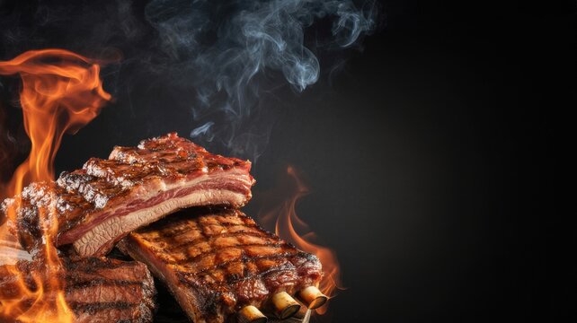 Grilled ribs on fire with smoke rising flames