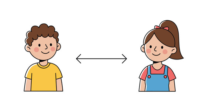 Illustration showing a boy and a girl standing apart with a double-sided arrow indicating safe social distancing.