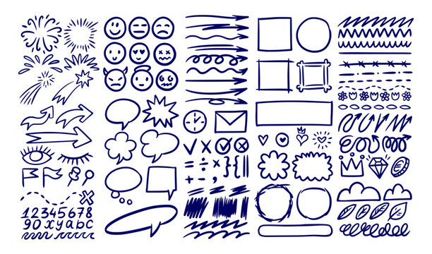 Line arrows. Hand drawn brush stroke, highlight marker star sketch or cute pencil marks, emphasis and clouds. Scribble emotion faces and pen marker frames. Vector isolated elements
