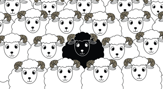Seamless Sheep Pattern with One Black Sheep Among White Cartoon Farm Animals Repeating Background Vector Illustration Design