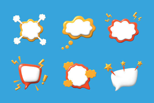 3D comic bubble. Surprise speech effect. Pop frame like bomb bang shape. Dynamite boom. Wow sound explosion. Expression message. Blast puff cloud. Blank sticker. Vector elements set