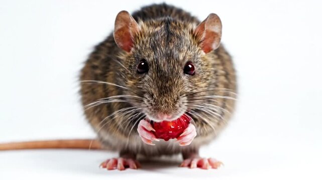 Cute fluffy brown rat eating a red strawberry on white background with long tail and pink toes