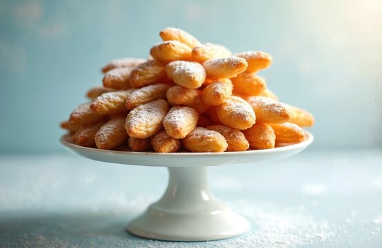 Golden crispy angel wing pastries piled high on white cake stand. Lightly dusted with powdered sugar, traditional Polish treats ready for festive enjoyment. Perfect for holiday baking, culinary