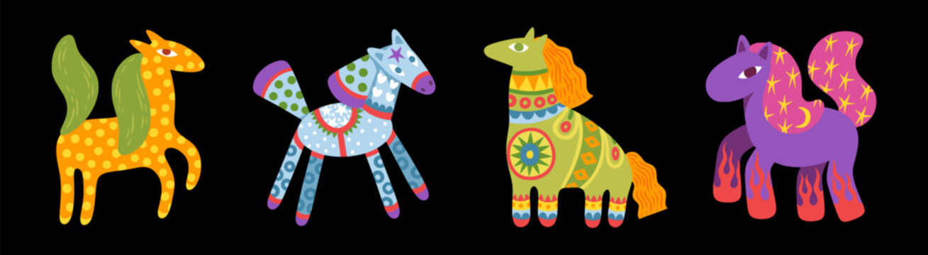 2026 horse. Happy chinese animal with ornamental design, funny china stickers for greeting card, calendar or alcohol party. Cartoon flat style isolated vector decorative collection