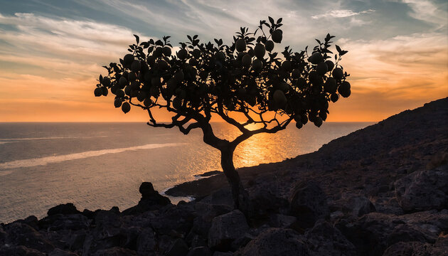 Silhouette eines Zitronenbaums vor einem goldenen Sonnenuntergang an der felsigen Mittelmeerk&uuml;ste