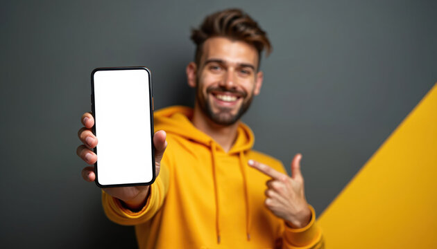 Man holds phone with white screen for ad. He points finger, smiles. Use for app promotion, new tech, or website launch. Perfect for marketing content.